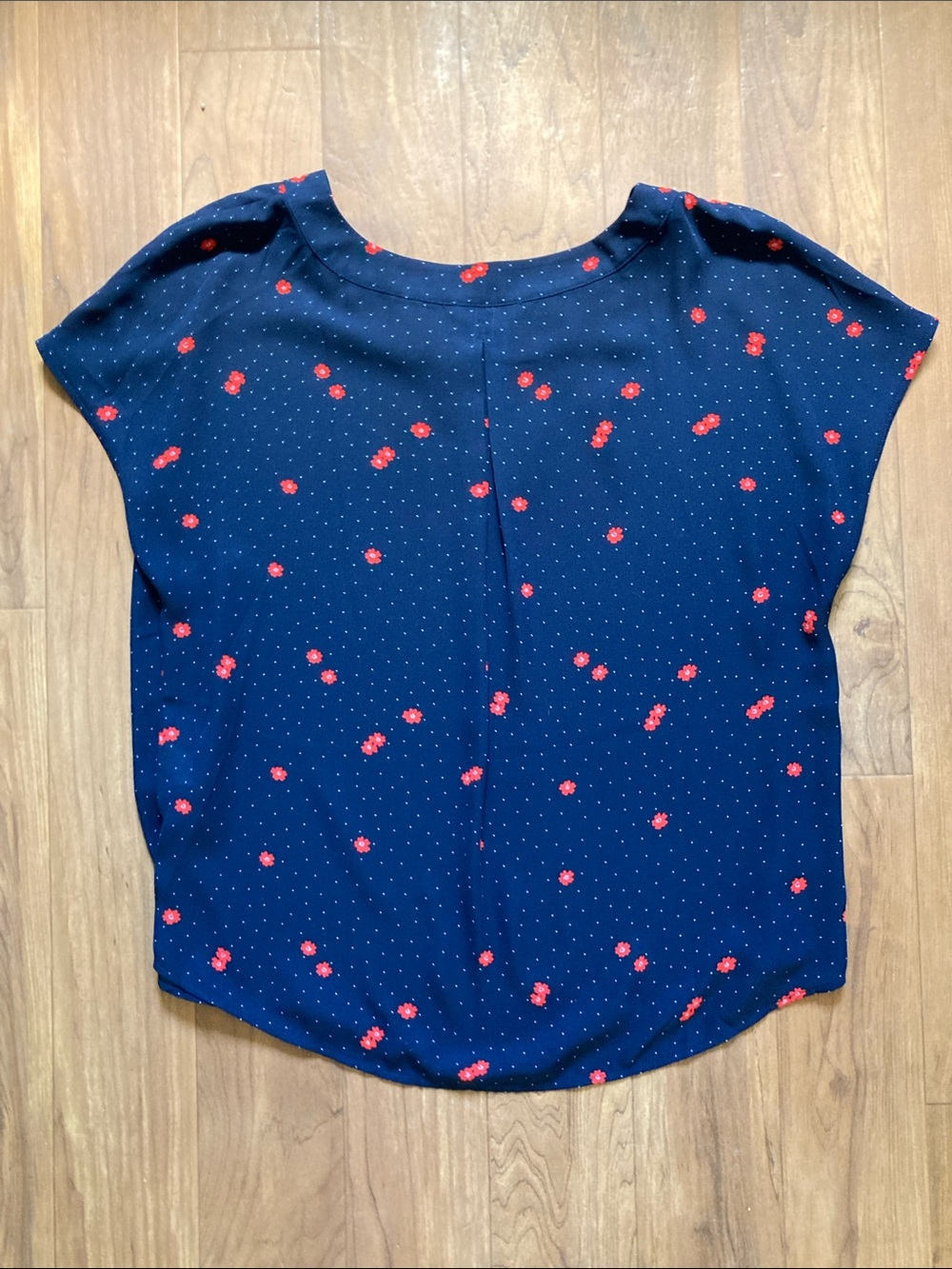 Banana Republic Navy Blouse with Red Flowers and Polka Dot Print Semi Sheer - Picture 6 of 8